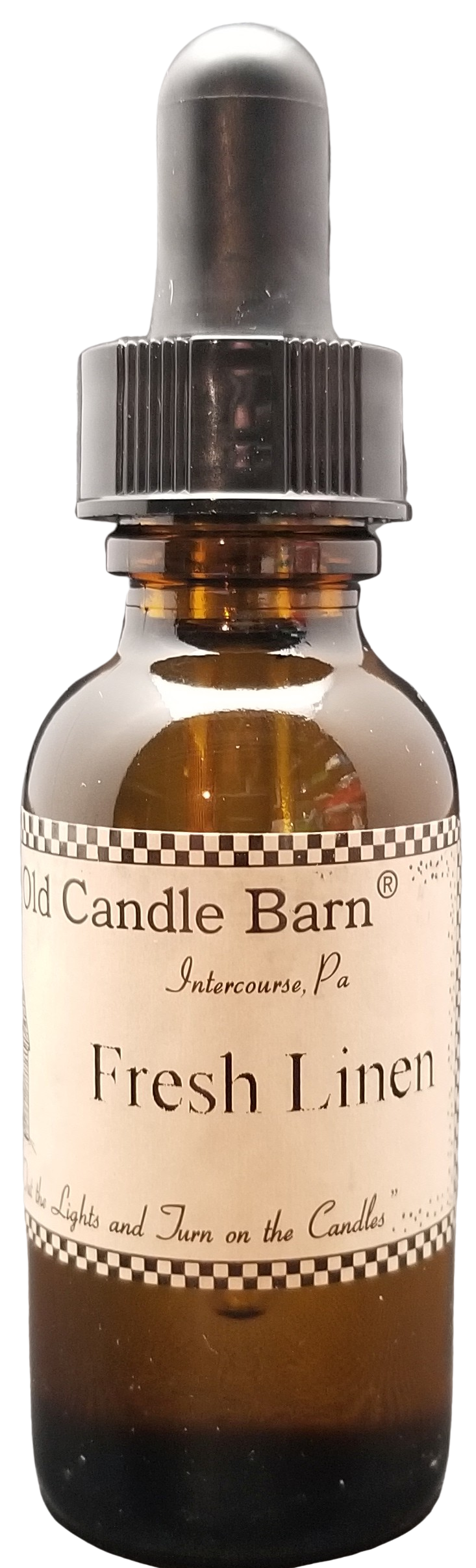 Brown glass bottle of potpourri refresher oils labeled Fresh Linen with dropper cap