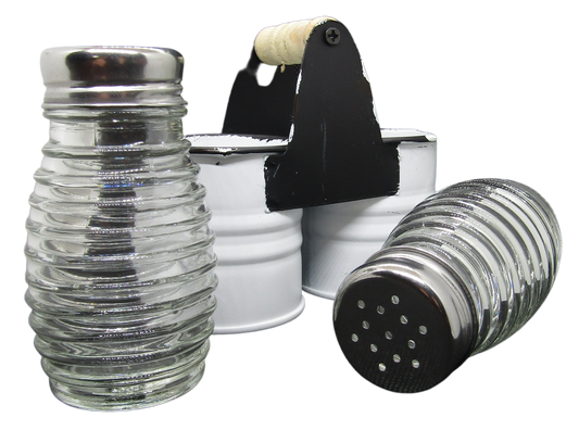glass behive salt and pepper farmhouse shakes with white tin caddy