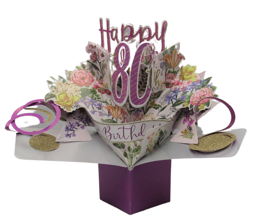 Intricate pop up card birthday card with floral design celebrating a happy 80th birthday