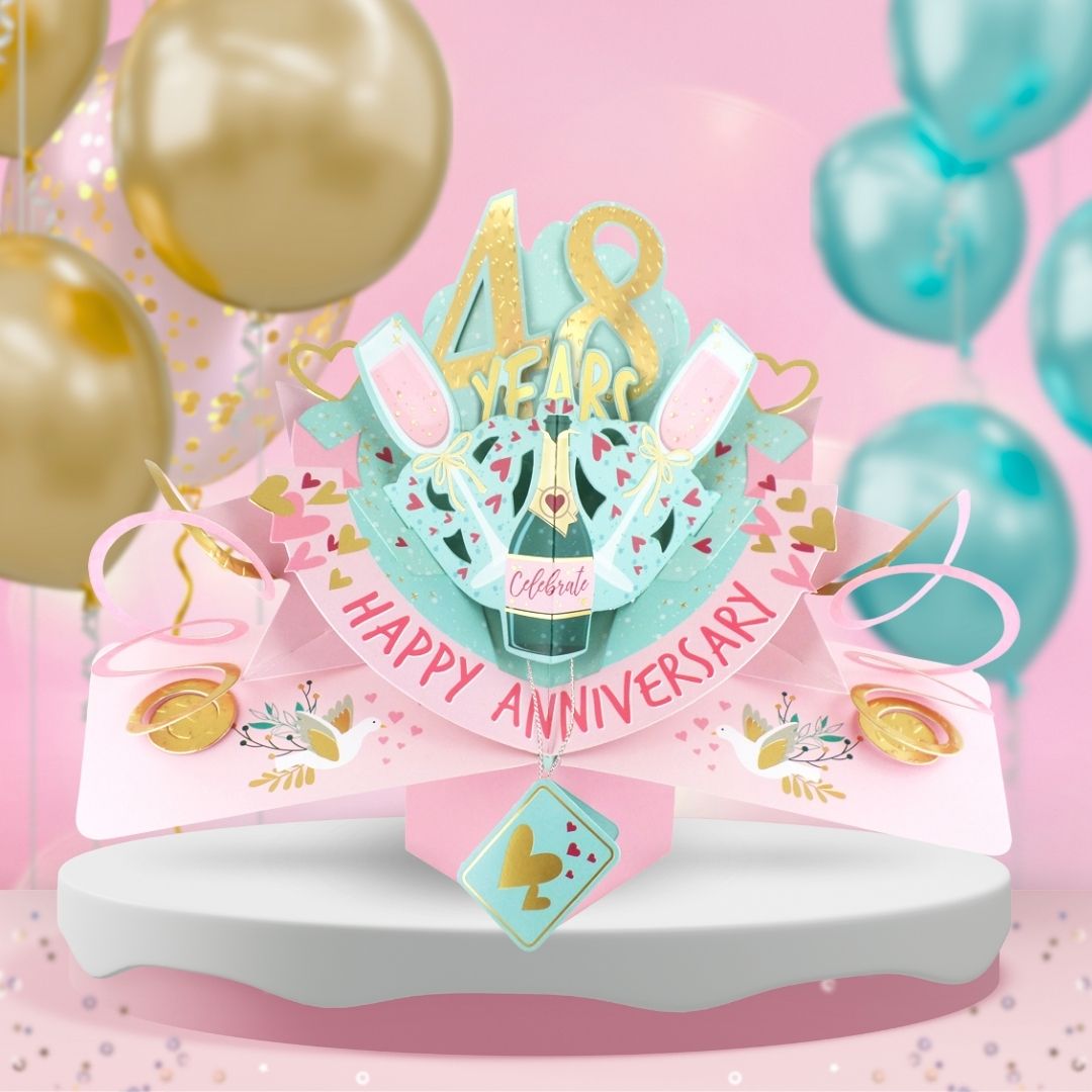 Colorful 48th anniversary pop-up card featuring elegant decorations and heartfelt messages for celebrating love