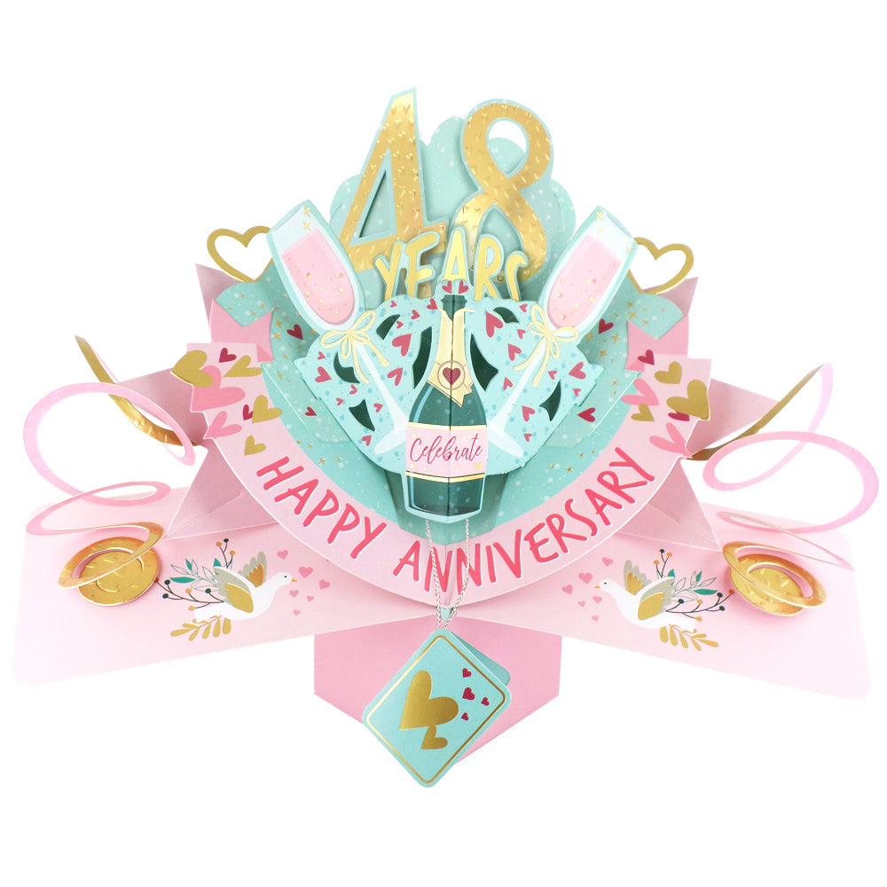 Colorful 48th anniversary pop-up card featuring a festive design with champagne glasses and celebratory text
