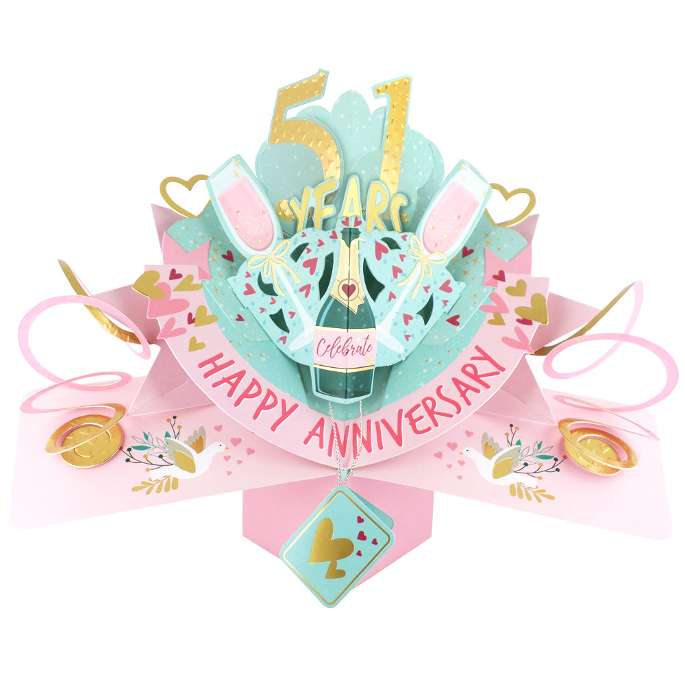 51st anniversary pop up card featuring champagne, balloons, and festive colors for celebration