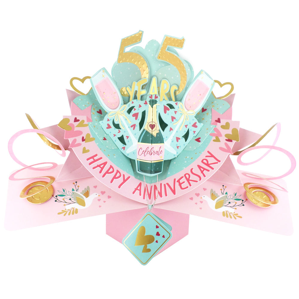 Beautiful 55th anniversary pop up card featuring champagne glasses and celebratory design for special occasions