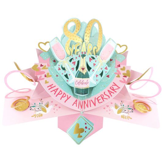 Colorful 80th anniversary pop up card featuring a festive design with balloons and hearts