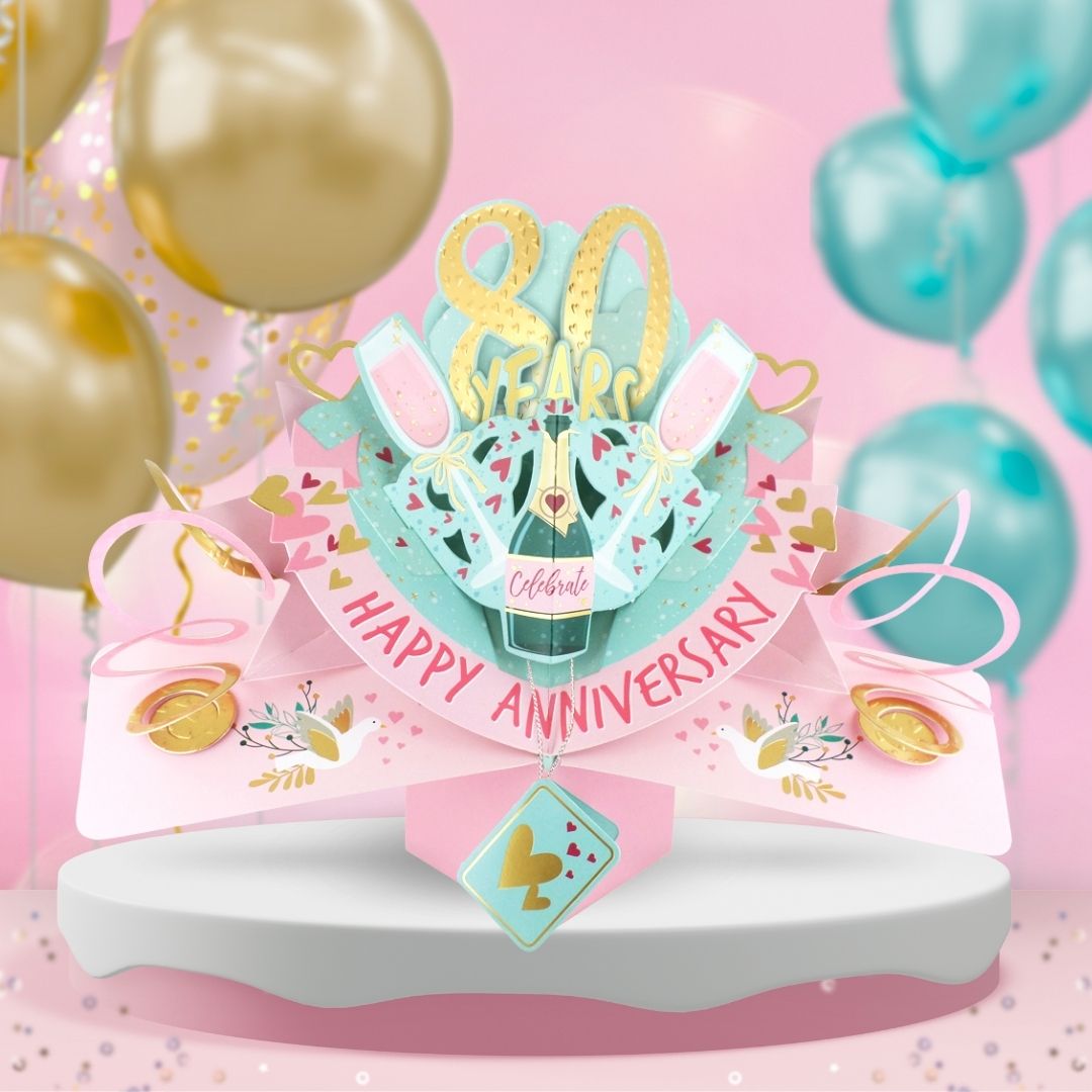Colorful 80th anniversary pop up card with festive design and celebration elements