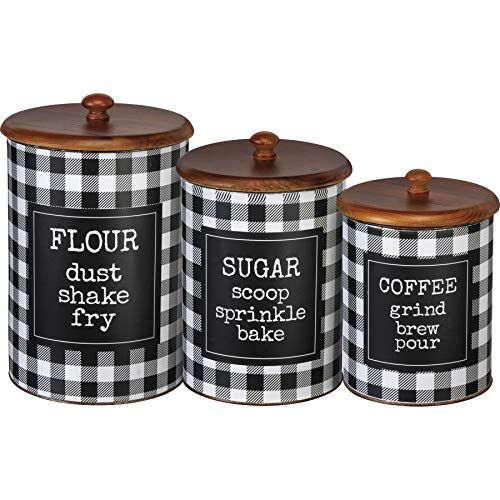 Primitives by Kathy Buffalo Check Canister Set: Flour Sugar Coffee Set of 3, Black/White - anything4home