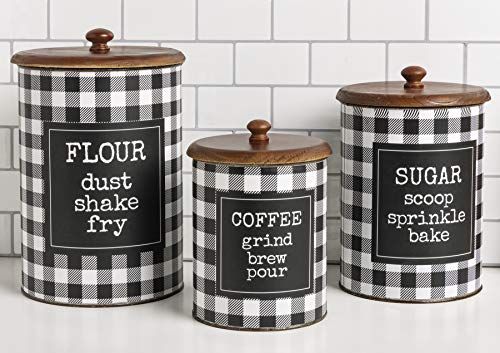 Primitives by Kathy Buffalo Check Canister Set: Flour Sugar Coffee Set of 3, Black/White - anything4home