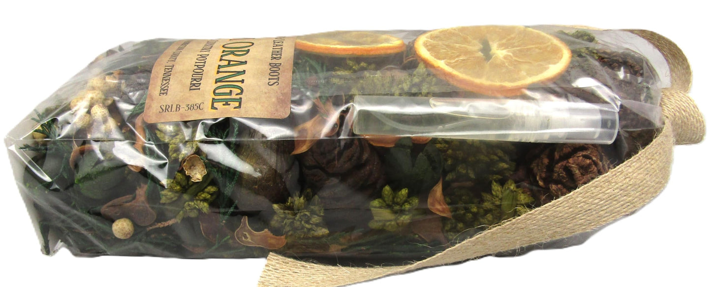 Balsam Orange Potpourri Bowl Filler with dried orange slices and natural pine cones in clear bag