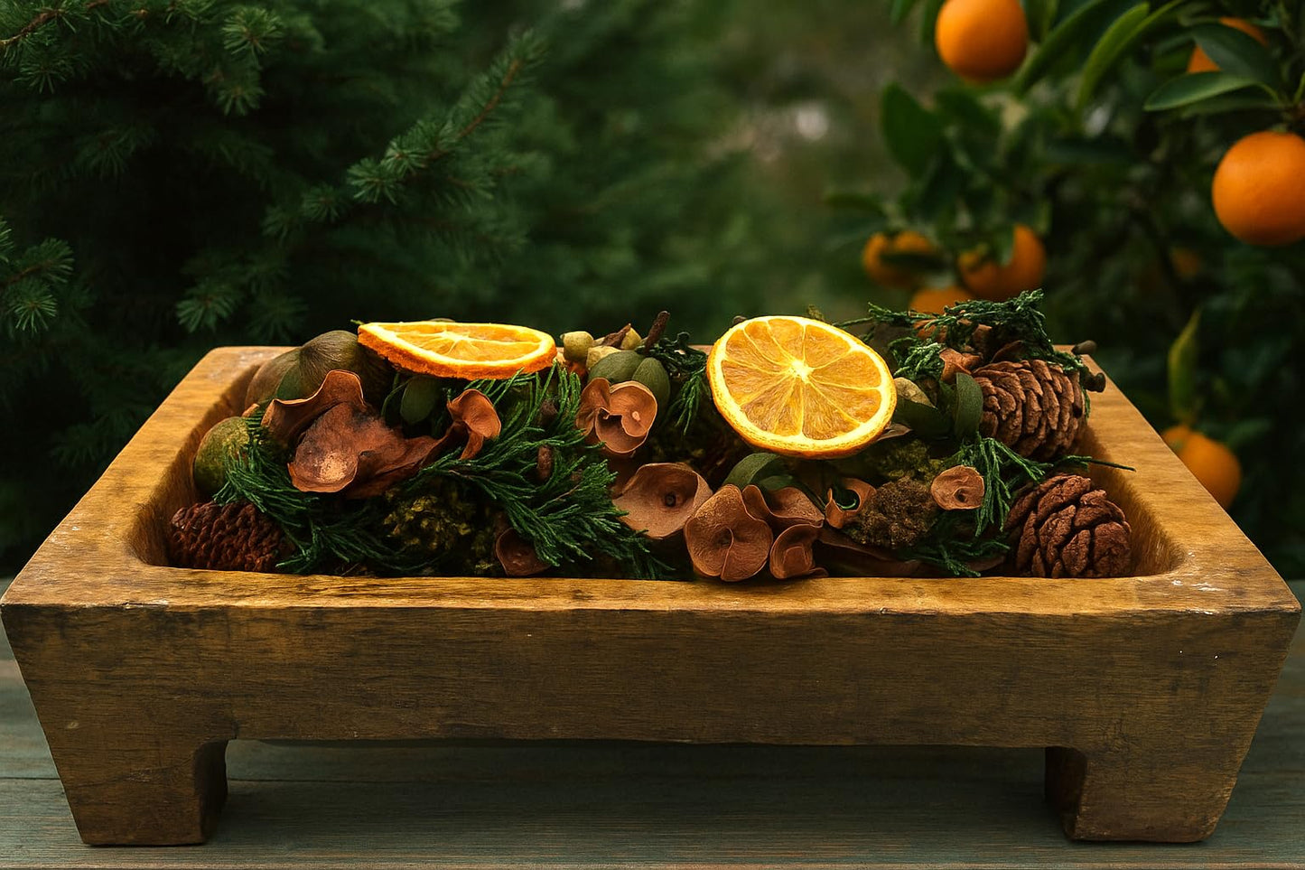 Balsam Orange Potpourri Bowl Filler with dried orange slices pinecones and greenery in wooden bowl