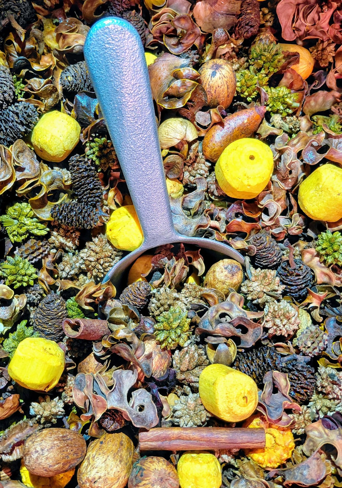 Banana nut bread potpourri with pine cones, dried fruit, and a silver scoop from Shoots Roots & Leather Boots