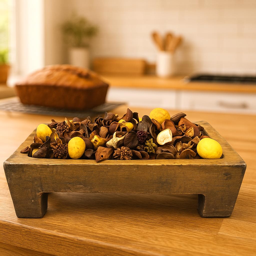 Banana nut bread potpourri in a rustic wooden tray on a kitchen countertop