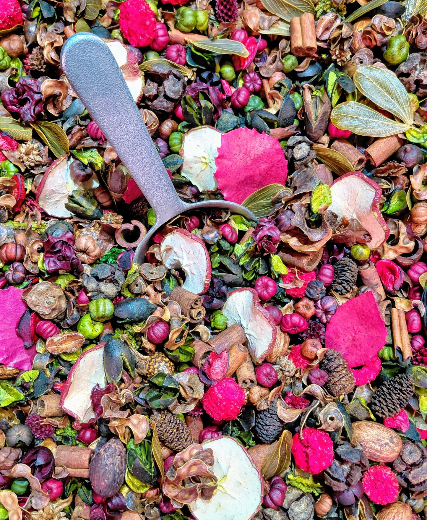 Colorful apple cinnamon potpourri mix with dried fruit, cinnamon sticks, and a silver scoop for home fragrance