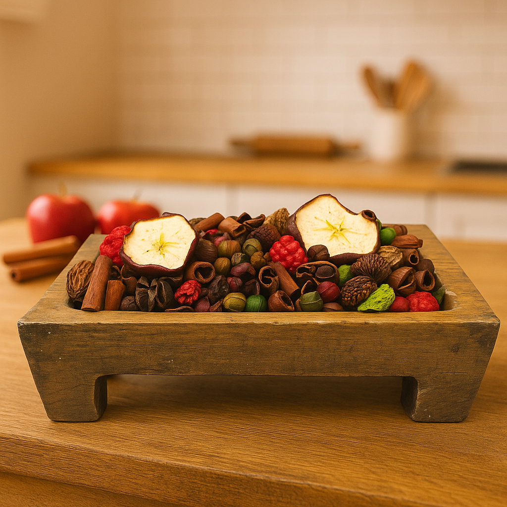 Apple cinnamon potpourri in a rustic wooden tray with dried apple slices and cinnamon sticks