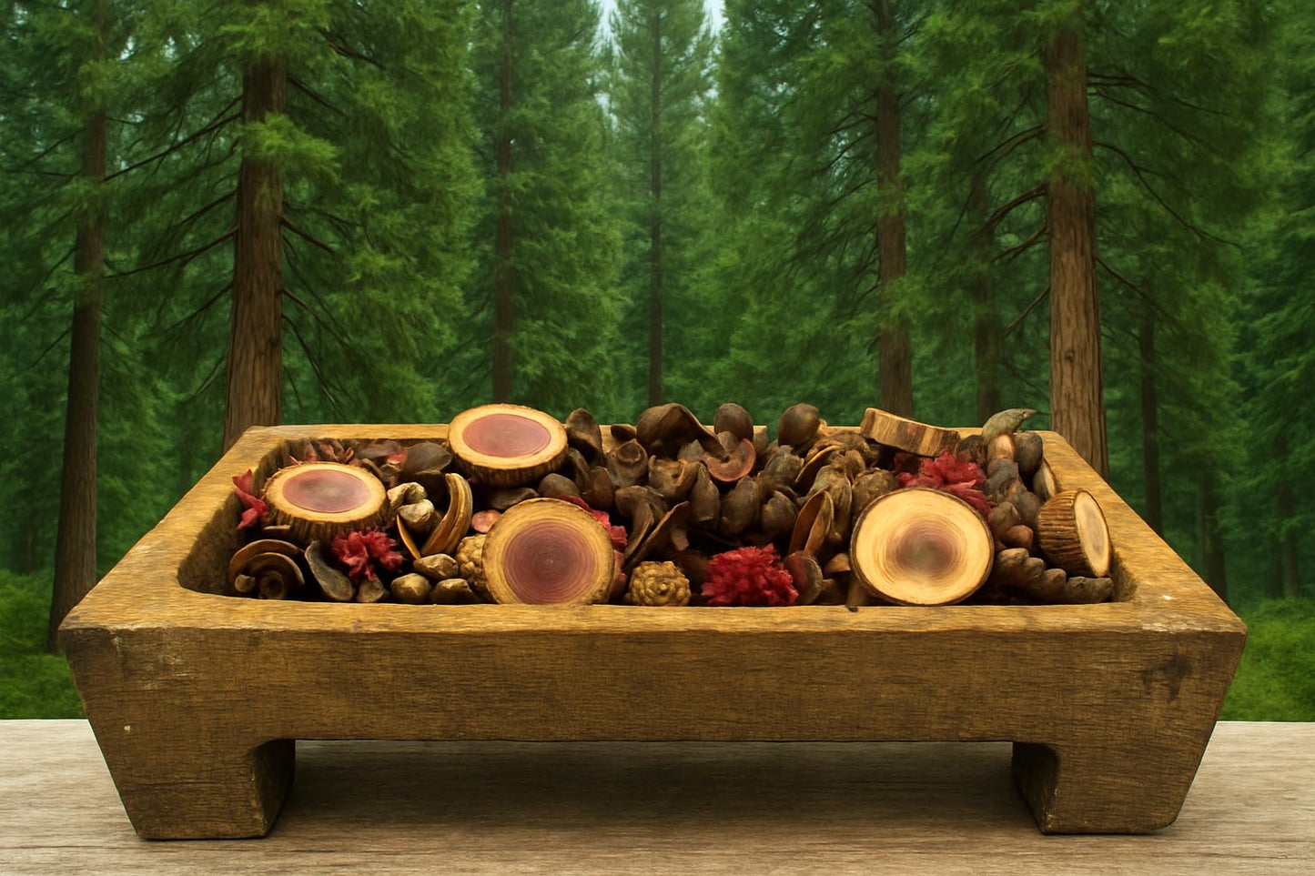 Handcrafted cedarwood potpourri in a rustic wooden bowl with natural pinecones and dried flowers