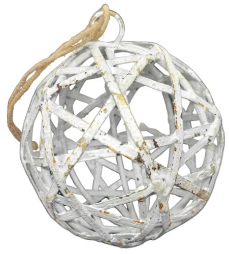 PD Home and Garden farmhouse decorative metal sphere ornament in distressed white with jute rope hanger rustic home decor