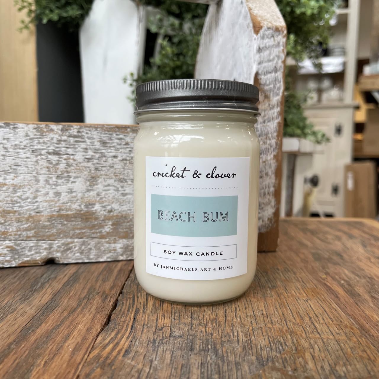 Cricket & Clover Beach Bum Soy Wax Candle in a glass jar, perfect for a refreshing home scent