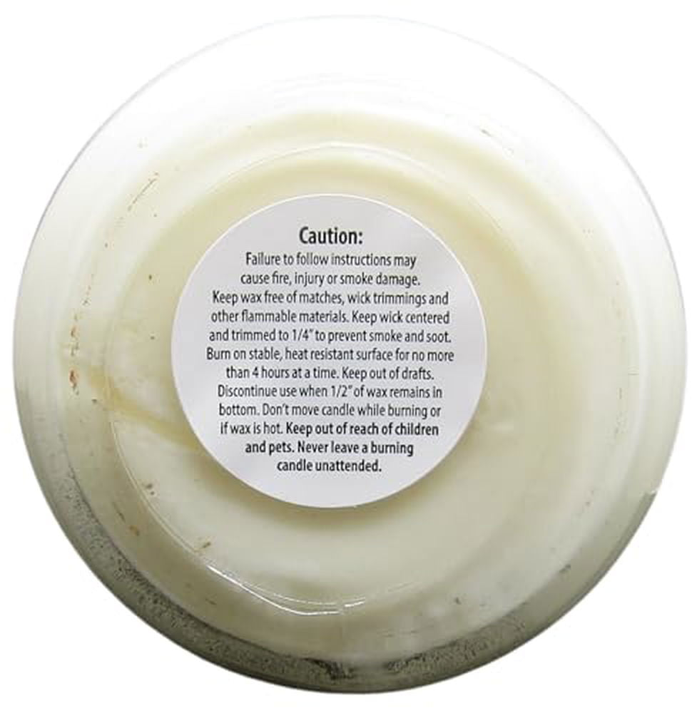 Cricket and Clover warm maple bourbon soy candle bottom view with caution label and creamy wax