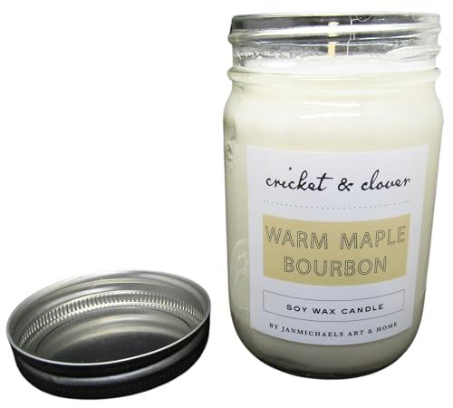 Cricket and Clover mason jar with removable metal lid and warm maple bourbon soy candle in white wax