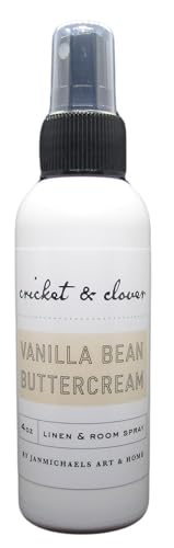 Cricket & Clover vanilla bean buttercream room spray in white bottle with black spray cap