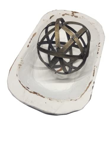 Home decor centerpiece white distressed wooden dough bowl with antique metal orb decorative accent Audreys
