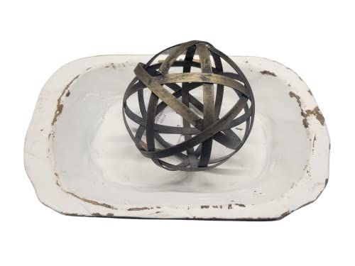 Audreys distressed white metal serving tray with rustic decorative iron orb centerpiece home decor