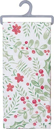Primitives by Kathy deer print cotton dish towel featuring red flowers and green leaves design