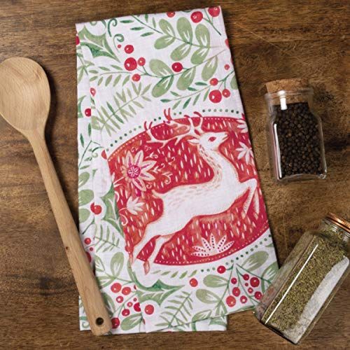 Primitives by Kathy deer print cotton dish towel with red and green holiday design beside wooden spoon and spice jars