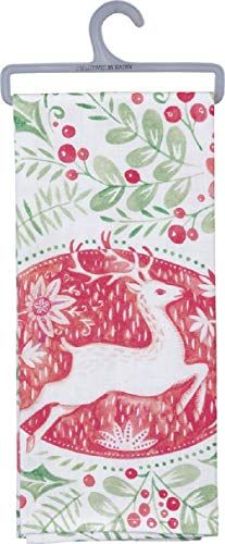 Primitives by Kathy deer print cotton dish towel with red deer and green foliage design