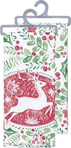 Primitives by Kathy deer print cotton dish towel with red deer and green holly berry design
