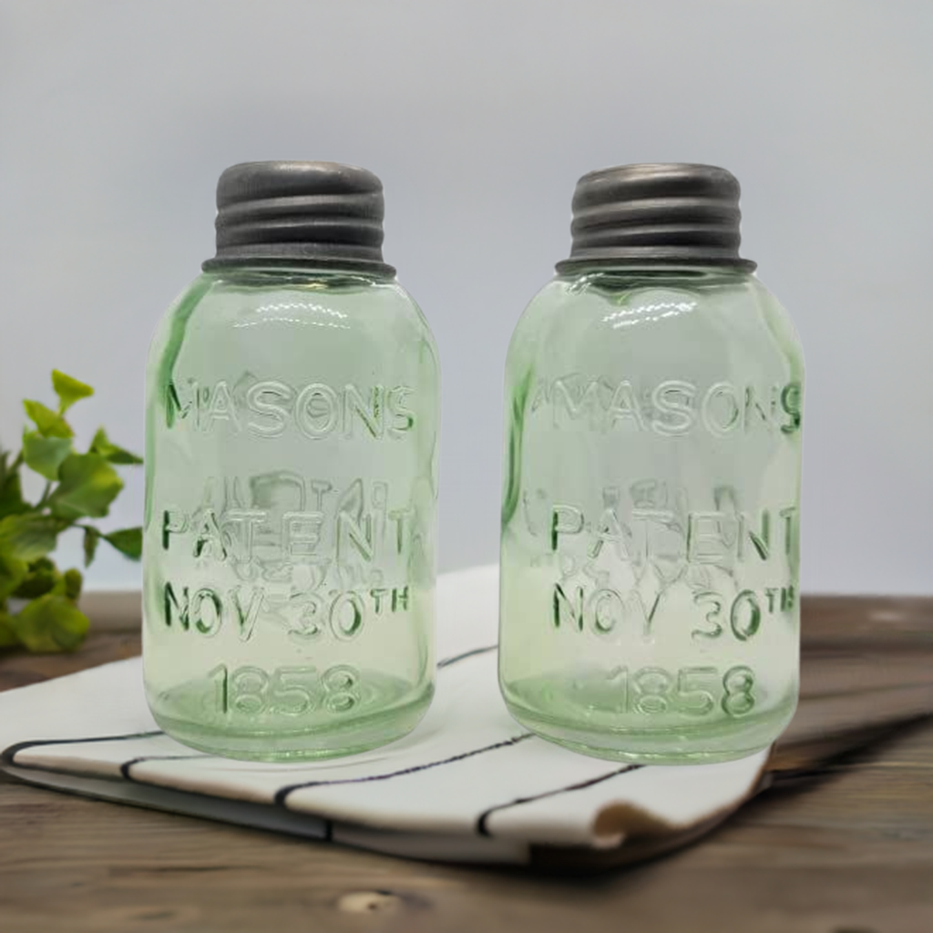 PD Home Garden glass mason jar salt and pepper shakers vintage style on kitchen towel