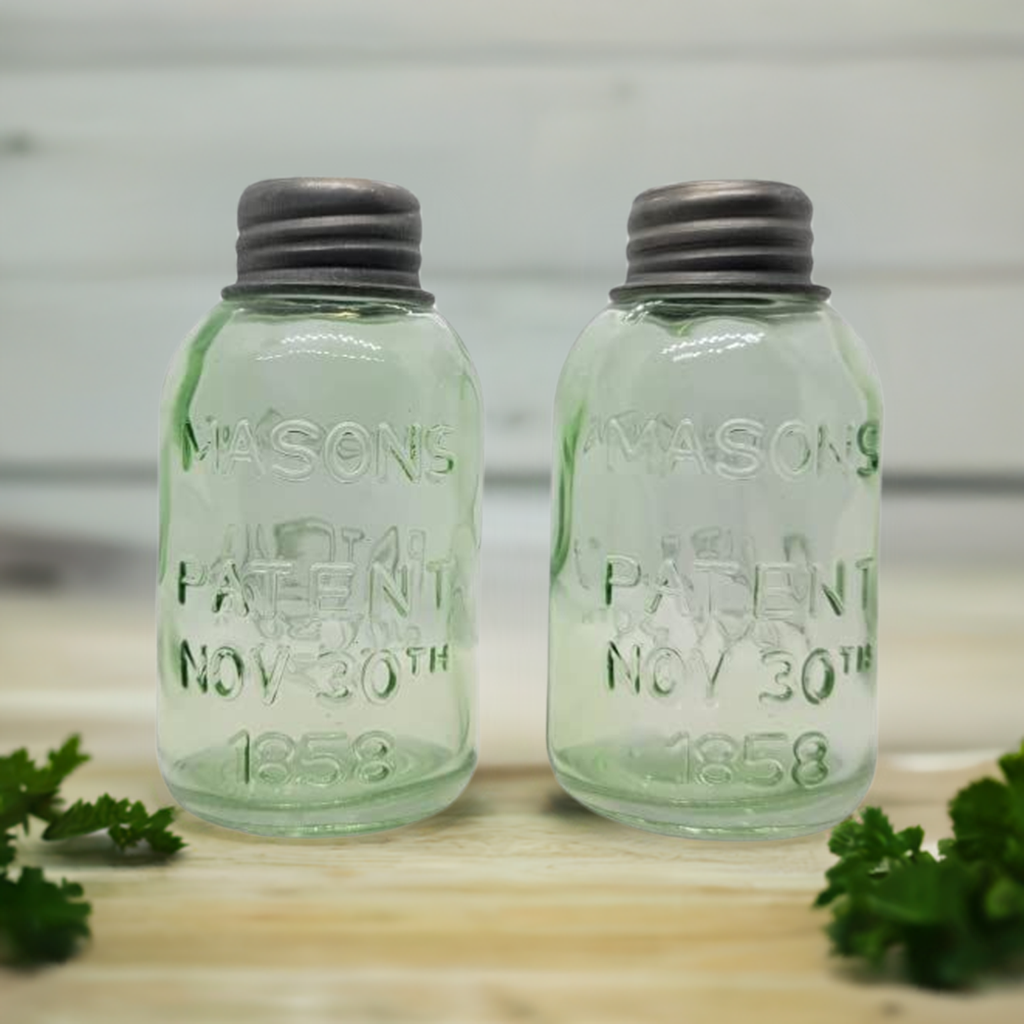 PD Home & Garden glass mason jar salt and pepper shakers with vintage embossed design and metal lids