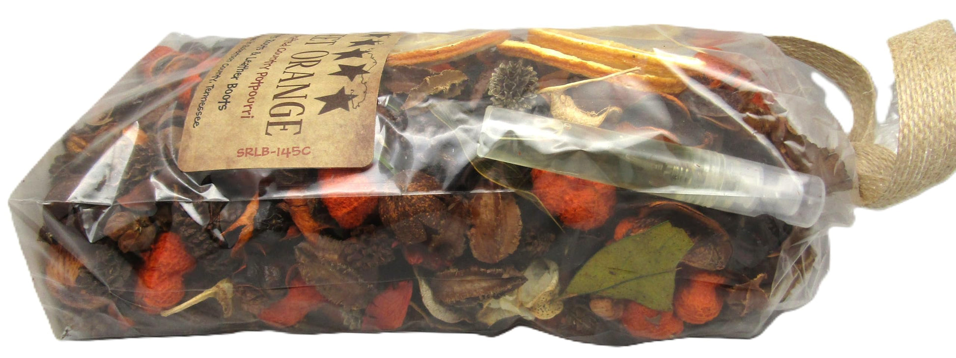 Handcrafted Sweet Orange potpourri in a clear bag with natural dried botanicals from Shoots Roots and Leather Boots