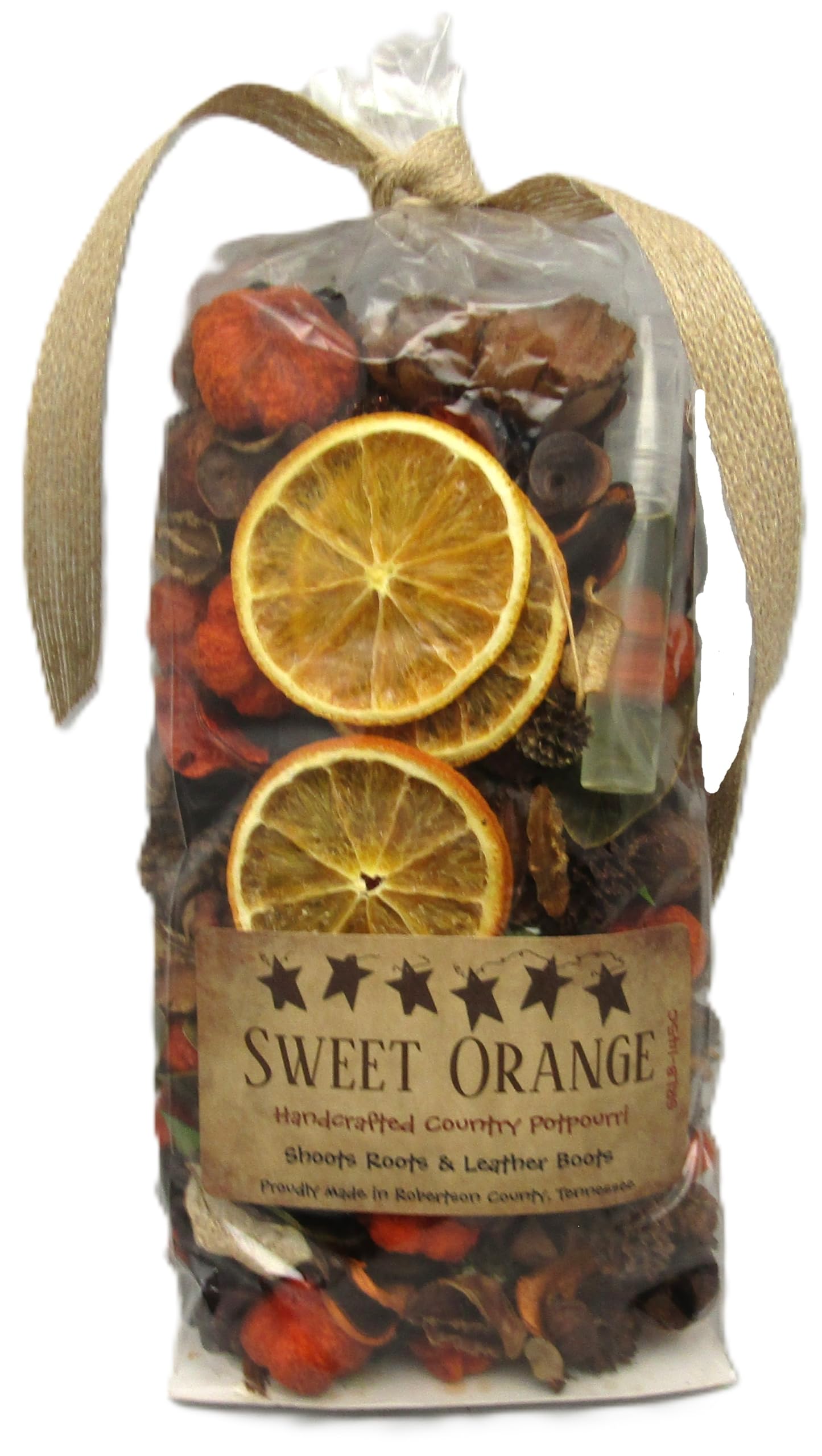 Handcrafted Sweet Orange potpourri with dried orange slices and natural botanicals in a clear bag with ribbon
