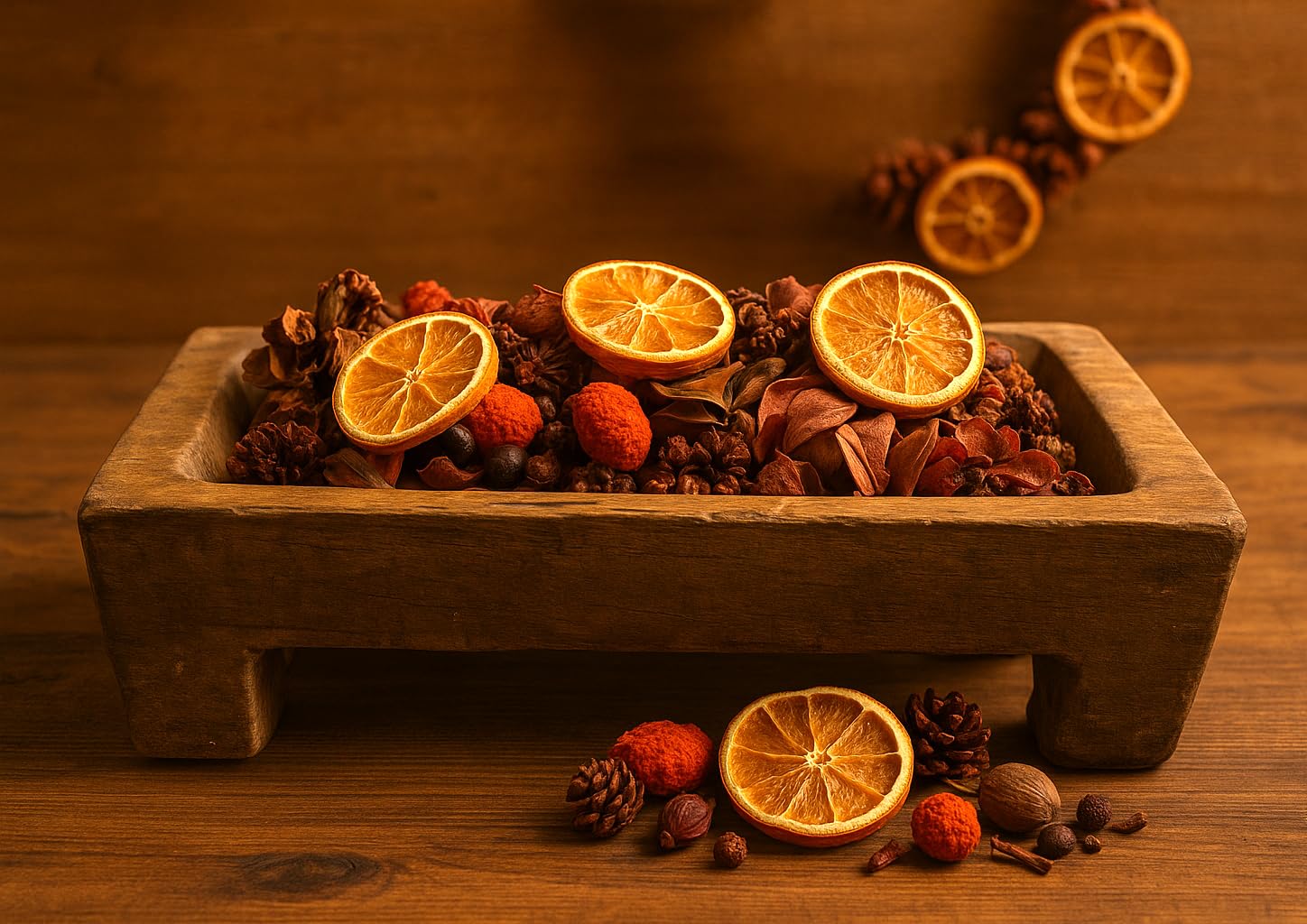 Handcrafted Sweet Orange potpourri with dried orange slices and natural spices in a rustic wooden bowl