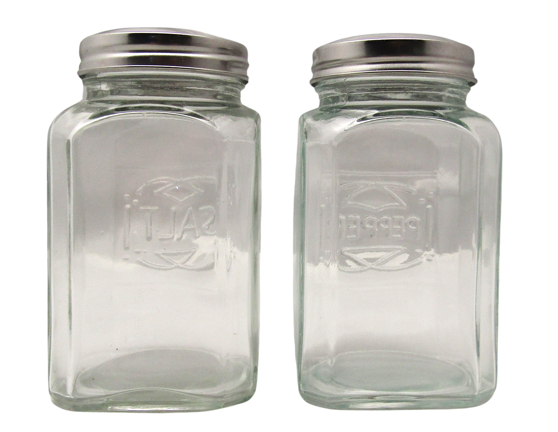 Home Essentials glass salt and pepper shakers with clear glass bodies and metal screw-on lids