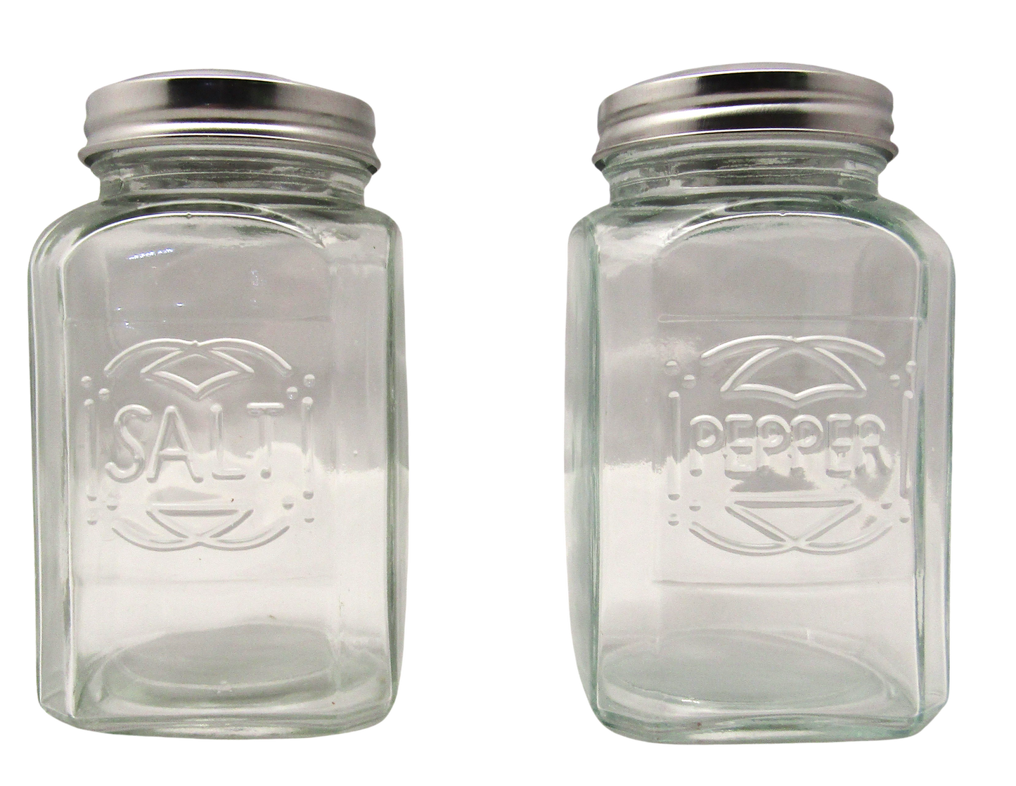 Home Essentials glass salt and pepper shakers with clear square glass bodies and silver metal lids