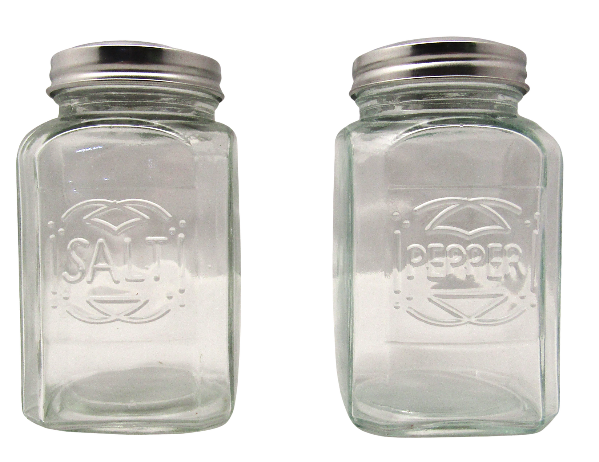 Home Essentials glass salt and pepper shakers with clear square glass bodies and silver metal lids