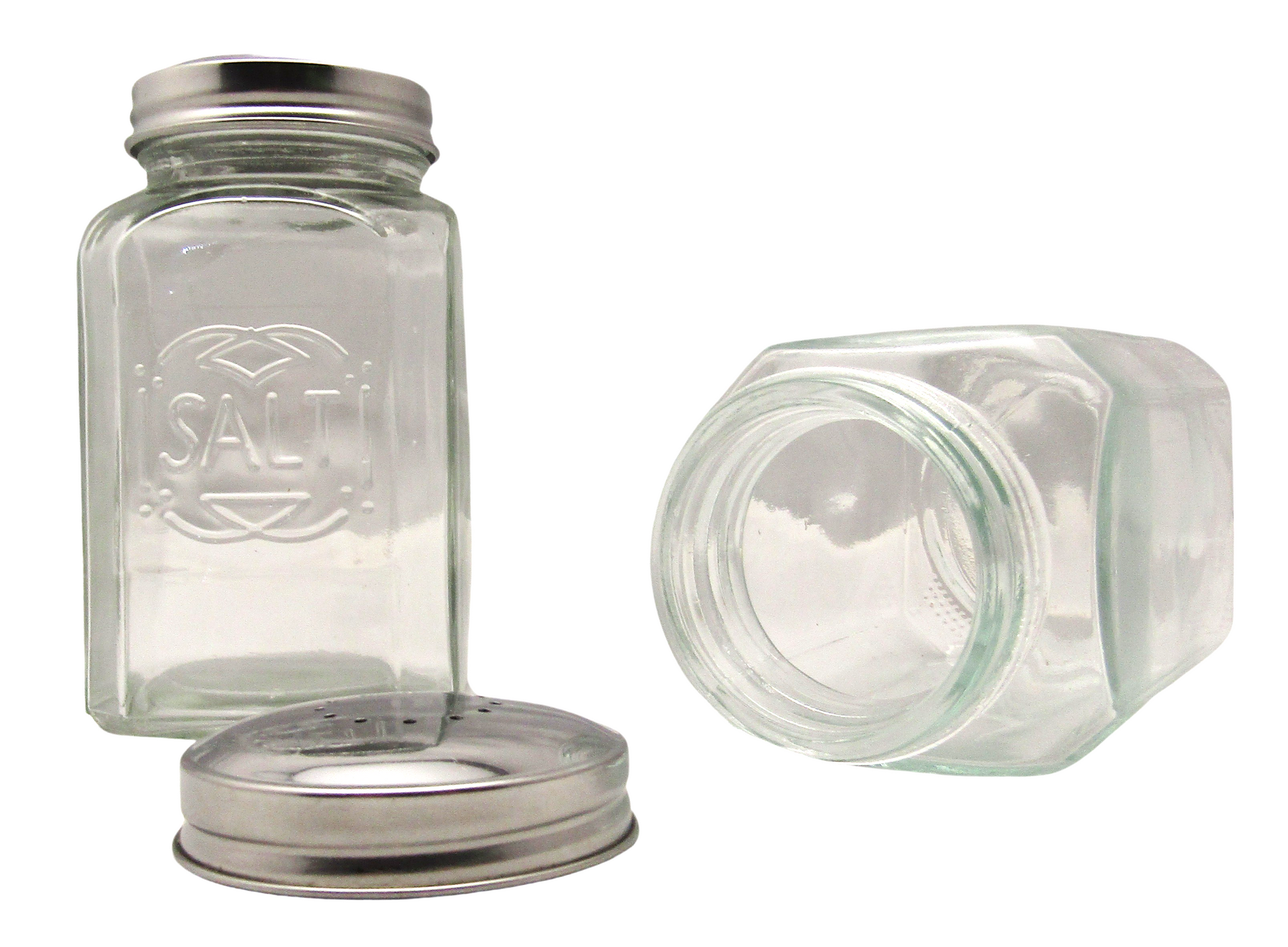 Home Essentials glass salt and pepper shakers set with clear glass bodies and metal lids