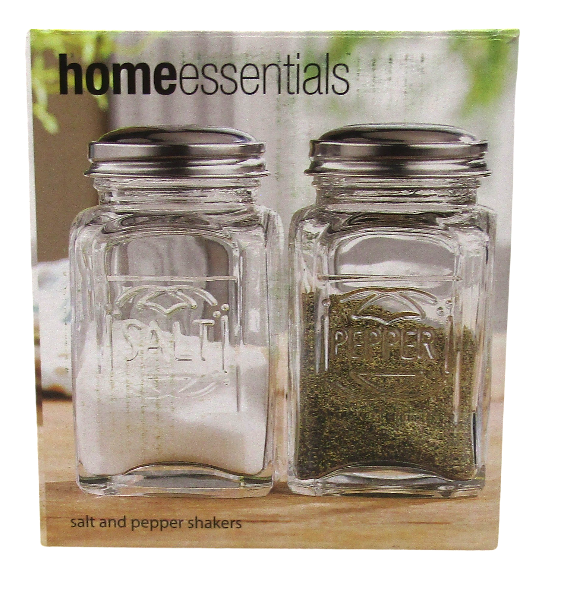 Home Essentials glass salt and pepper shakers with stainless steel lids for kitchen use