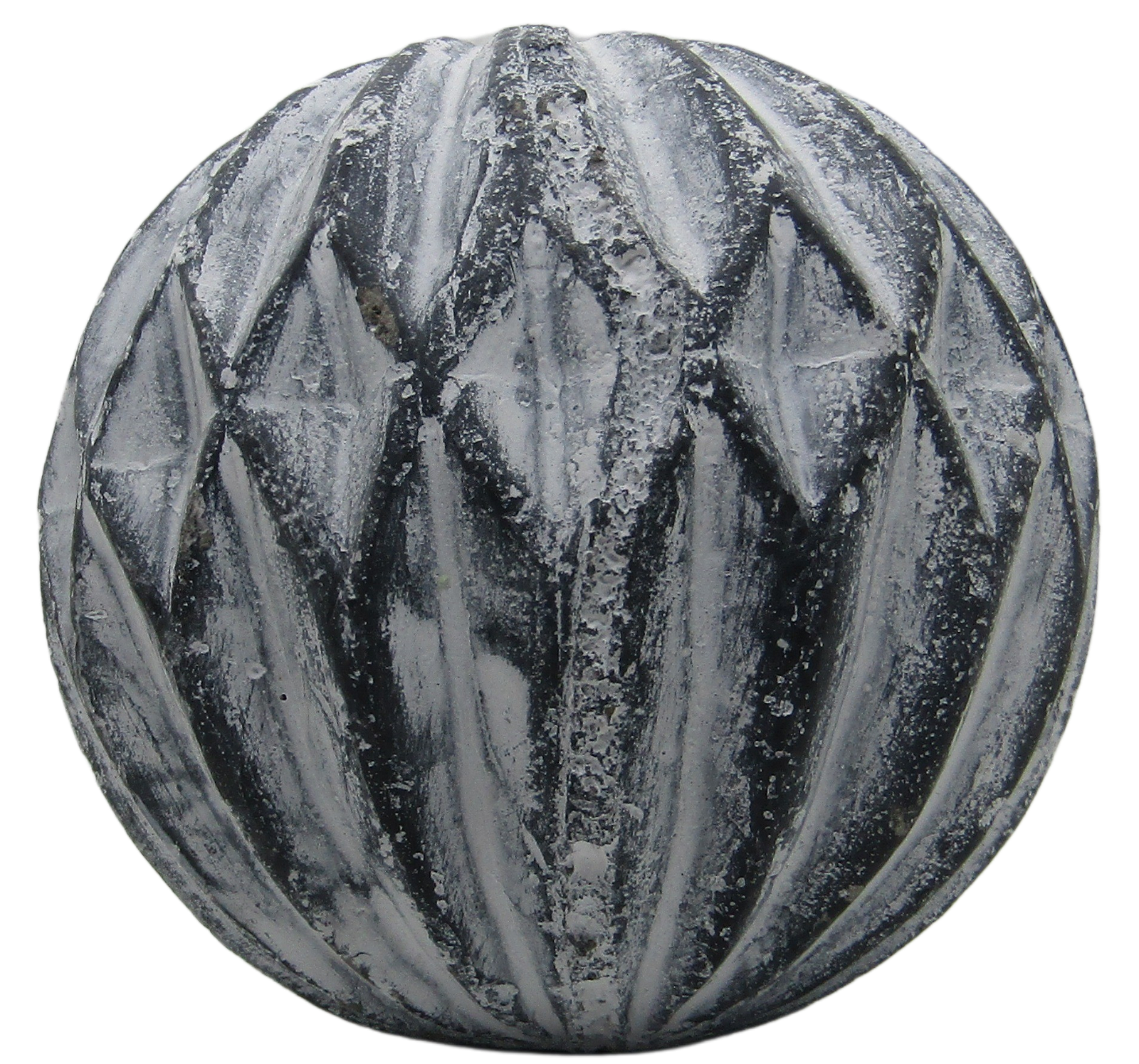 PD Home and Garden rustic concrete garden sphere with carved vertical leaf pattern and whitewashed weathered finish