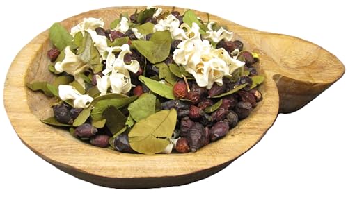 Honeysuckle potpourri bag displayed in a wooden bowl, featuring dried flowers and leaves