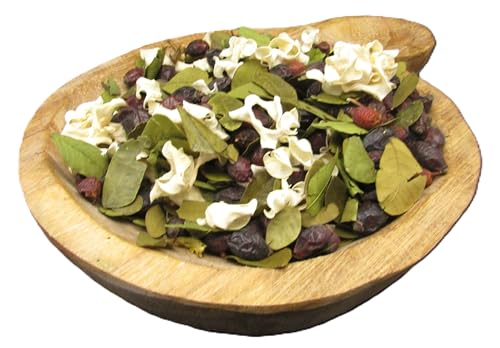 Honeysuckle potpourri bag filled with natural leaves and colorful flower petals in a wooden bowl