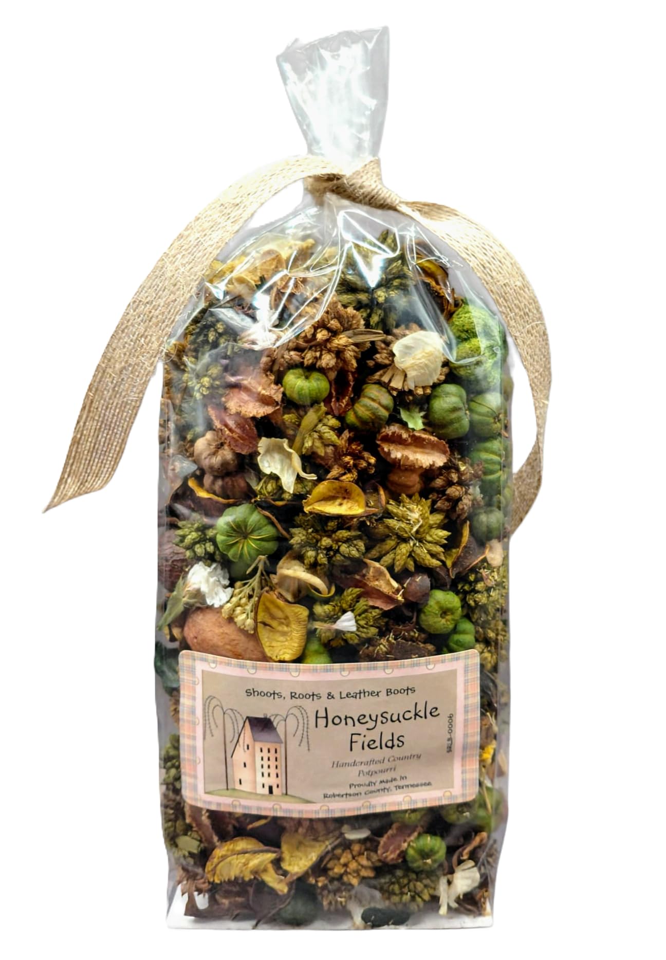 Shoots Roots and Leather Boots Honeysuckle potpourri blend in clear bag with beige ribbon