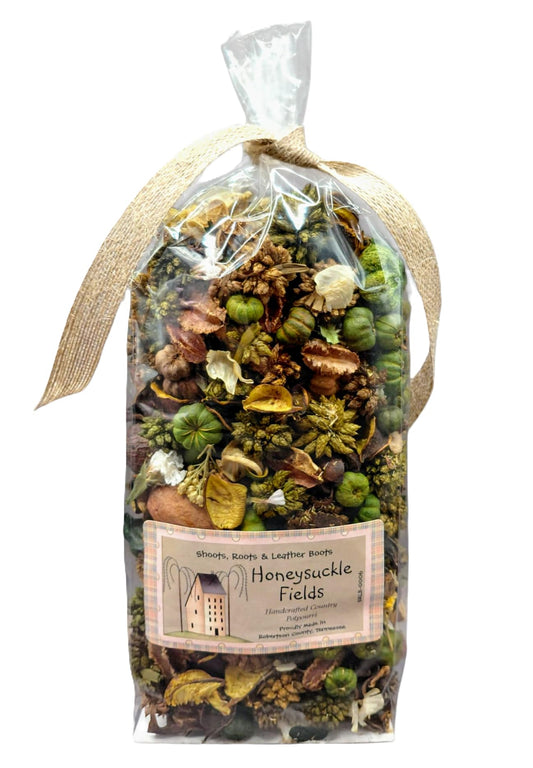 Shoots Roots and Leather Boots Honeysuckle potpourri blend in clear bag with beige ribbon