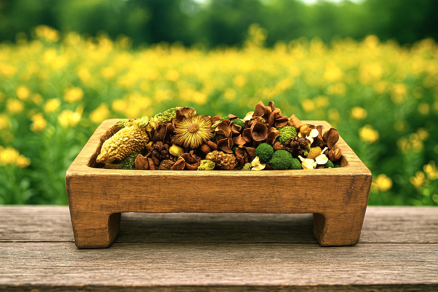 Wooden tray filled with honeysuckle potpourri blend featuring dried flowers and natural elements on outdoor table