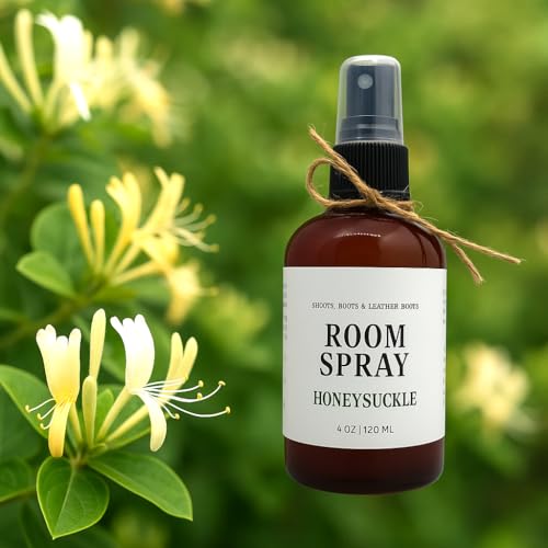 Shoots Roots Leather Boots honeysuckle room spray in brown bottle with natural twine bow