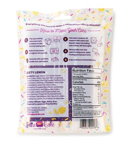 Instacake Cards Zesty lemon celebration cake kit package back with instructions ingredients and nutrition