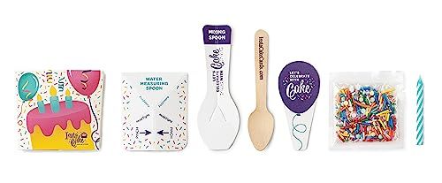 Instacake Cards lemon celebration cake kit with cake card measuring and mixing spoons sprinkles pouch and blue candle