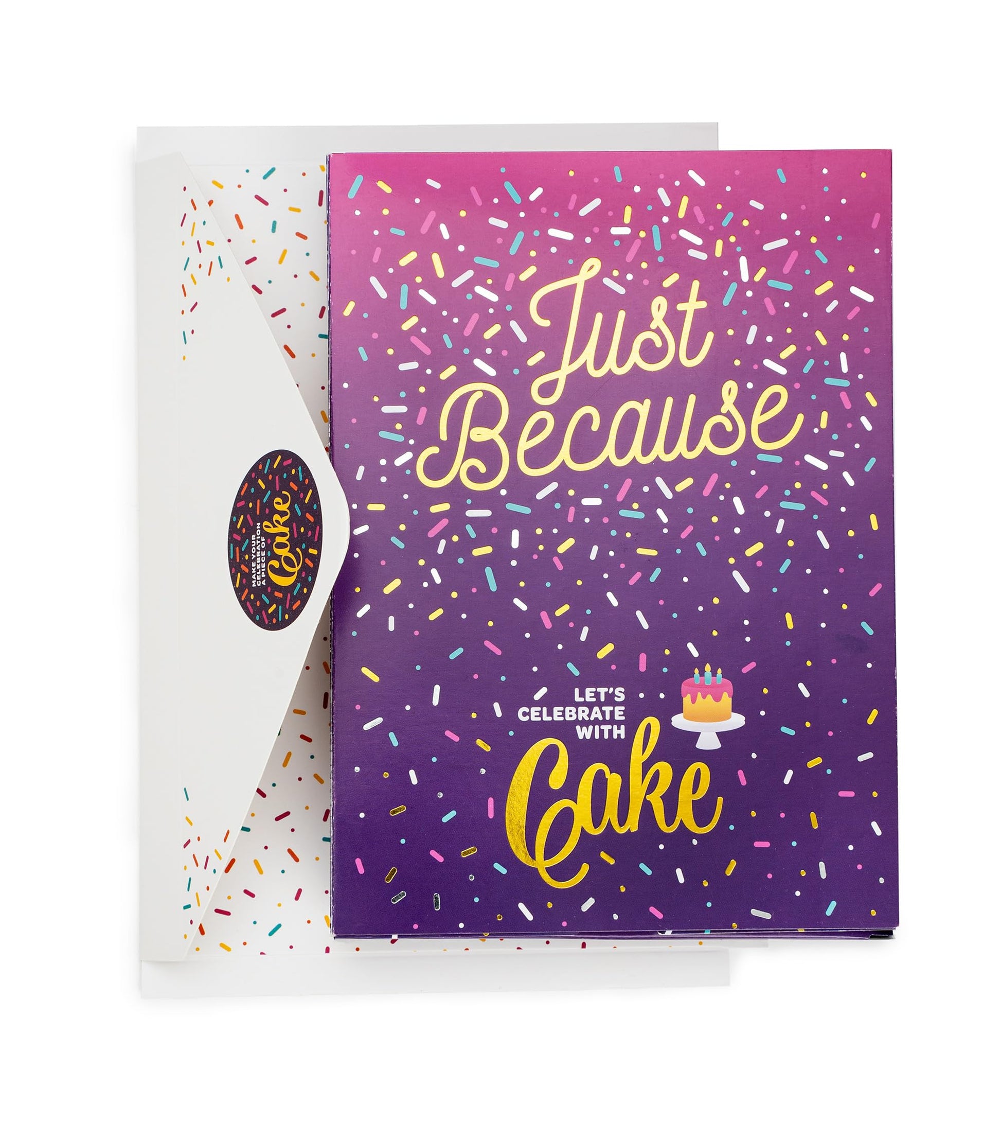 Instacake Cards cake in a card gift with Just Because design and colorful confetti on purple background