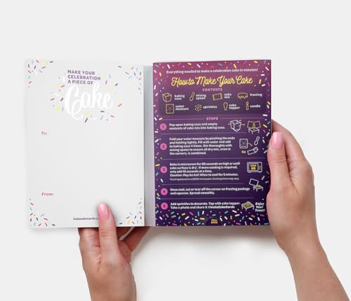 Hands holding an open Instacake Cards booklet with instructions for making a cake in a card gift